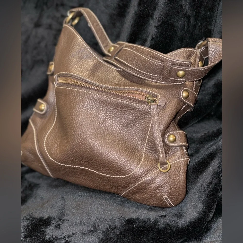 J. Crew Dk Brown Pebble Grain Leather Small Detailed Shoulder Bag